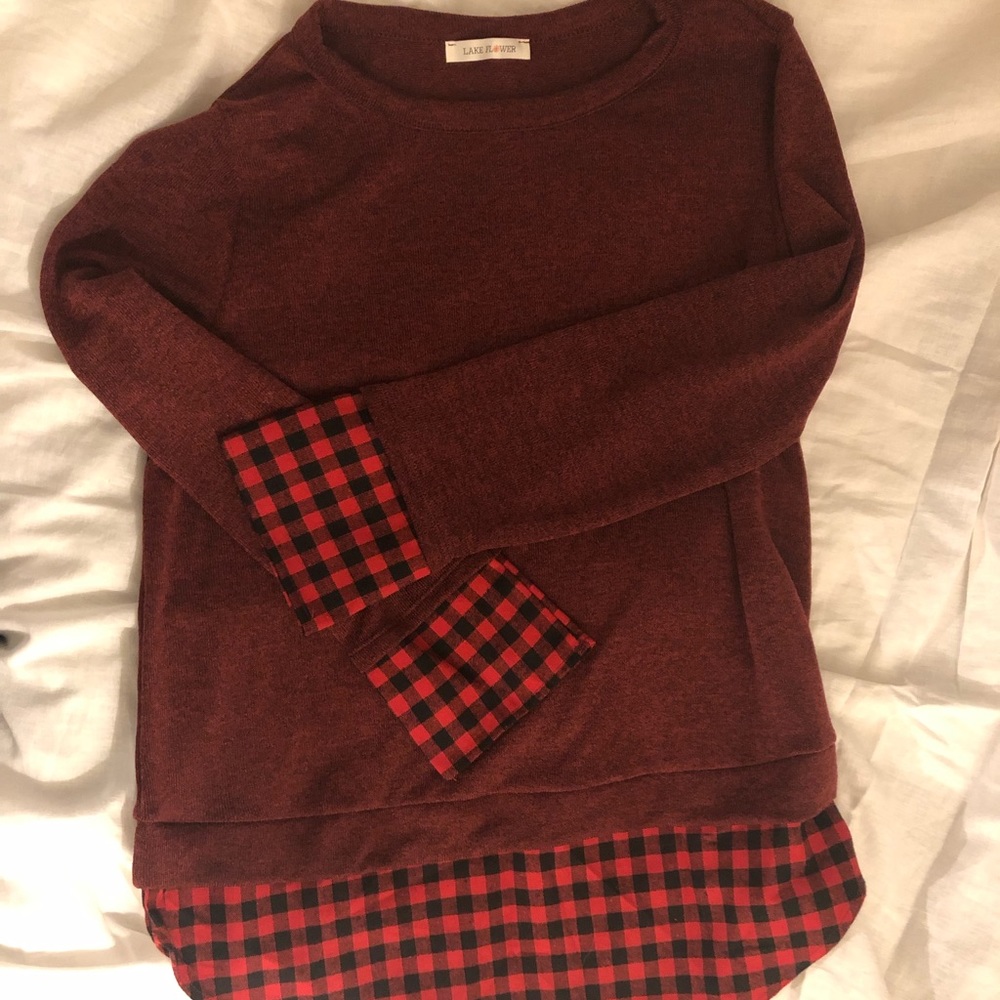 Maroon and buffalo check sweater